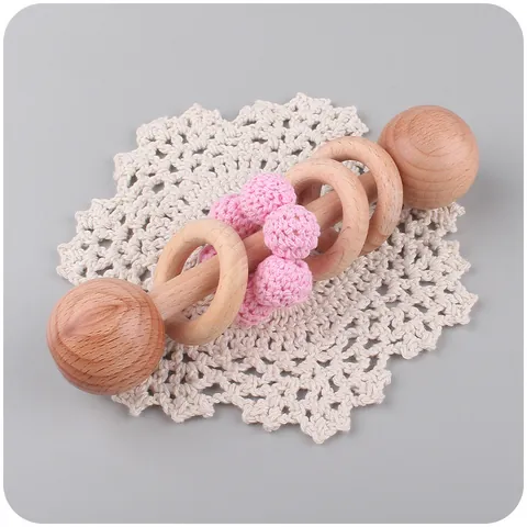 Beech Wood Baby Rattle Teether With Crochet Cotton Beads Nordic Style Newborn Grasping Sensory Toy For Infant Teething Relief