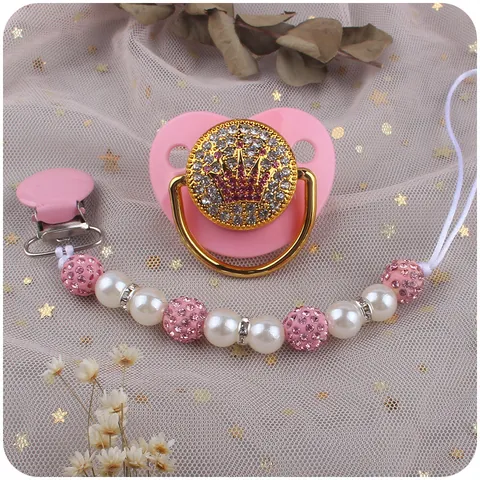 Ciuccio Bling per Bambini e Catenella con Perline Corona Strass Silicone per Neonati Opzioni Oro Rosa Blu