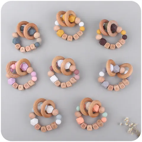 Infant Teether Bracelet Silicone Beads Beech Wood Ring Rattle Toy For Montessori Sensory Training And Teething Relief