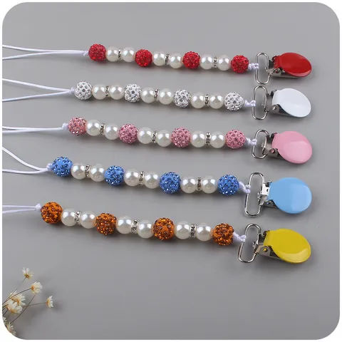 Ciuccio Bling per Bambini e Catenella con Perline Corona Strass Silicone per Neonati Opzioni Oro Rosa Blu