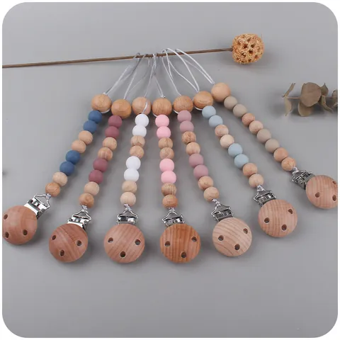 Catenella per Ciuccio in Silicone e Legno di Faggio Porta Ciuccio Anti Caduta Cinturino Massaggiagengive per Neonati Bambini