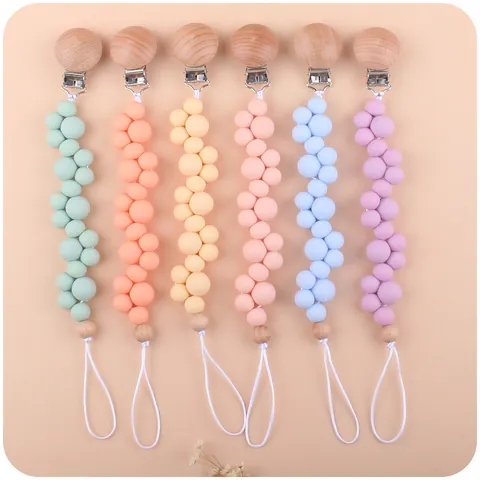 Food Grade Silicone Baby Pacifier Clip With Beech Wood Metal Clip Macaron Teether Beads Soothing Anti Drop Chain For Infants