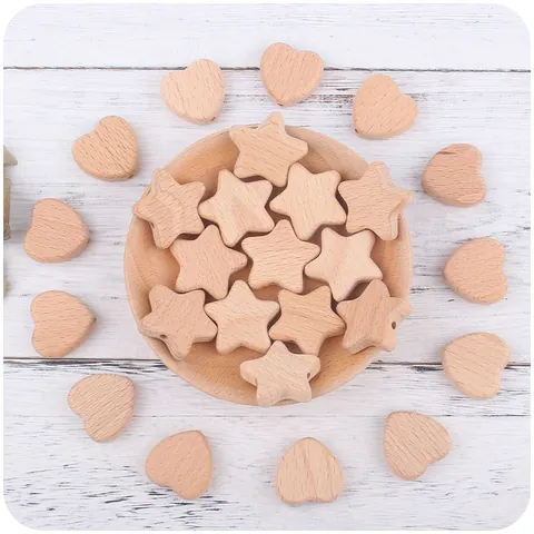 Natural Beech Wood Baby Teether Beads Heart Star Shaped DIY Pacifier Chain Bracelet Accessories Unfinished Smooth Wooden Sensory Toy