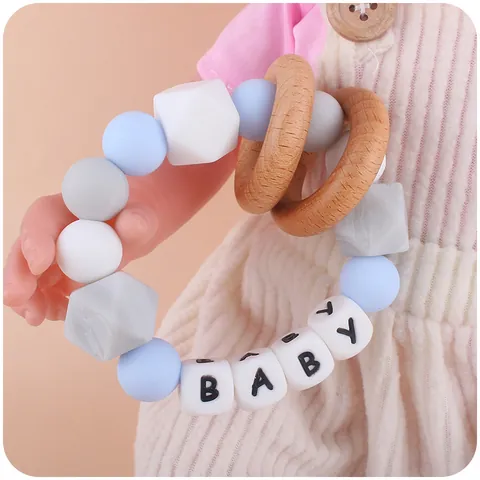 Silicone Beech Wood Baby Teether Bracelet With Letter Beads Montessori Sensory Grasping Toy For Infants BPA Free Wood Rattle Ring