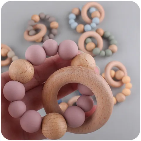 Baby Teether Toy Silicone Beads Beech Wood Ring Rattle Sensory Montessori Teething Bracelet For Infants Soothing BPA Free