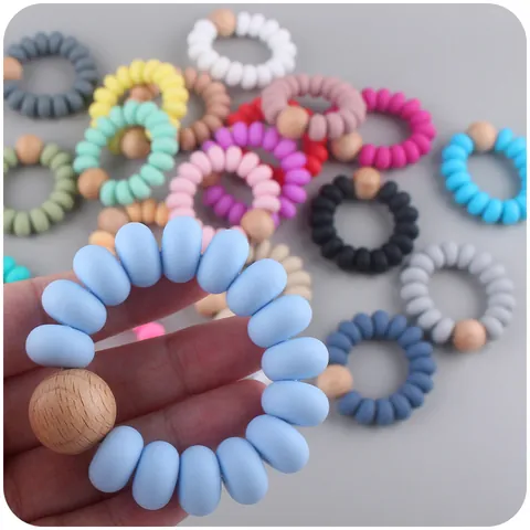 Infant Silicone Teething Bracelet With Natural Beech Wood Bead BPA Free Baby Teether Ring Sensory Toy Easy To Grasp Accessory