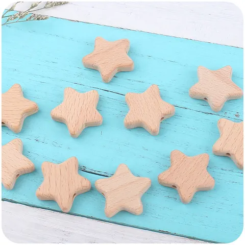 Natural Beechwood Star Shape Teether Beads DIY Creative Pacifier Chain Bracelet Accessories Handmade Baby Soothing Grinding Toys