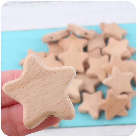 Natural Beechwood Star Shape Teether Beads DIY Creative Pacifier Chain Bracelet Accessories Handmade Baby Soothing Grinding Toys