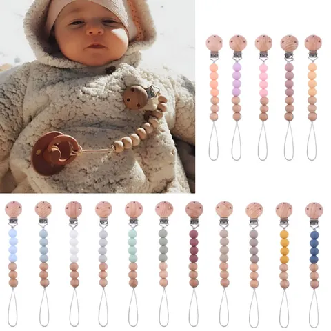 Baby Pacifier Clip Soothing Silicone Beech Wood Beads Teething Chain For Infants Anti-Drop Nipple Holder Strap