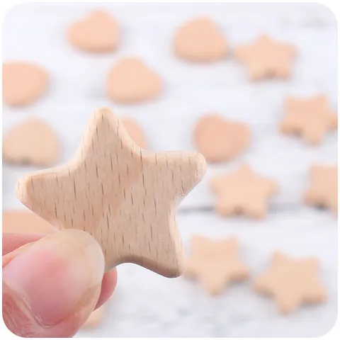 Natural Beech Wood Baby Teether Beads Heart Star Shaped DIY Pacifier Chain Bracelet Accessories Unfinished Smooth Wooden Sensory Toy