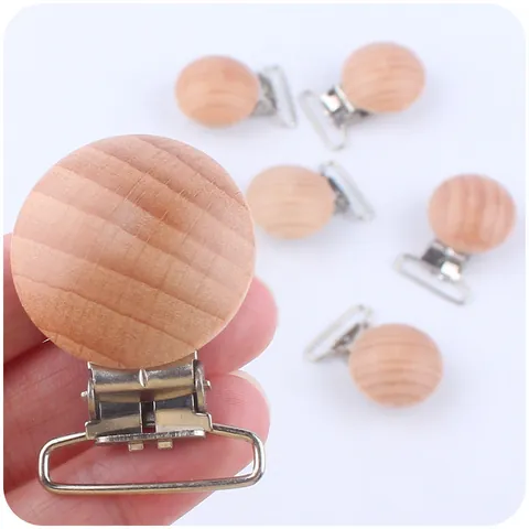 Pinza para Chupete de Madera de Haya Natural Hebilla de Metal Redonda para Cadena de Chupete DIY Accesorios de Enfermería Pinza de Madera Pulida