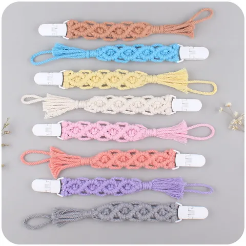 Handgefertigte Gewebte Baby Schnullerkette Baumwollseil Macrame Schnullerhalter Mit Kunststoff Clip Fallschutzband Für Säuglinge