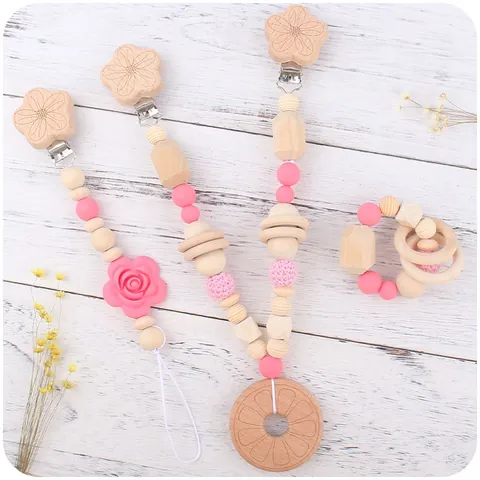Baby Silicone Rose Pacifier Clip Wood Teether Set Beech Beads Crochet Stroller Chain For Infants Nursing Soothing Toy Gift