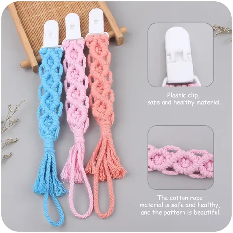 Handgefertigte Gewebte Baby Schnullerkette Baumwollseil Macrame Schnullerhalter Mit Kunststoff Clip Fallschutzband Für Säuglinge
