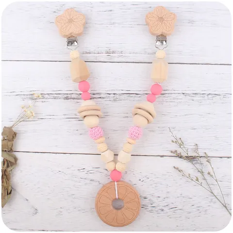 Baby Silicone Rose Pacifier Clip Wood Teether Set Beech Beads Crochet Stroller Chain For Infants Nursing Soothing Toy Gift