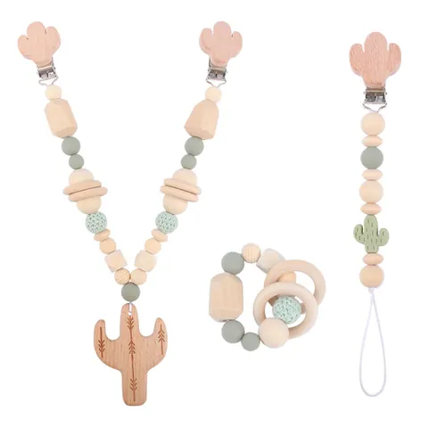 Cactus Baby Teether Pacifier Clip Stroller Chain Beech Wood Silicone Beads Natural Molar Bracelet Rattle Toy For Infant Toddler