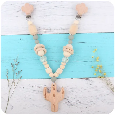 Cactus Baby Teether Pacifier Clip Stroller Chain Beech Wood Silicone Beads Natural Molar Bracelet Rattle Toy For Infant Toddler