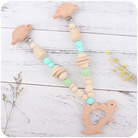 Baby Dinosaur Beech Wood Silicone Pacifier Clip Teether Bracelet Set Soothing Sensory Toy For Infants Stroller Accessories