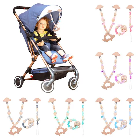 Lot de 3 Attache-Tétine en Silicone et Bois pour Bébé Dinosaure Chaîne de Poussette Anneau de Dentition Jouet Apaisant