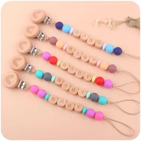Silicone Beech Wood Baby Pacifier Chain With Rainbow Clip Alphabet Letter Beads Anti-drop Soothing Leash For Infants Infants Accessory