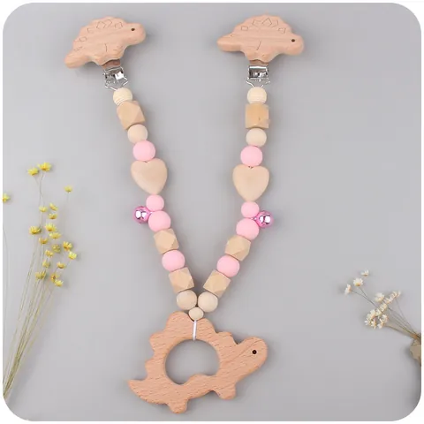 Set di 3 Pezzi Massaggiagengive in Silicone e Legno per Neonati Catenella Portaciuccio Dinosauro Ciondolo Passeggino Gioiello