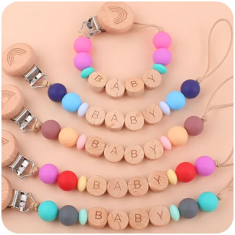 Silicone Beech Wood Baby Pacifier Chain With Rainbow Clip Alphabet Letter Beads Anti-drop Soothing Leash For Infants Infants Accessory