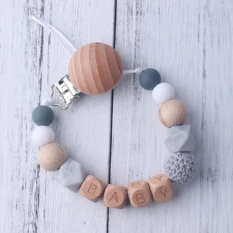Handmade Beech Wood Silicone Baby Pacifier Clip Alphabet Beads Teething Chain Soothing Anti-Drop Pacifier Holder Leash Strap