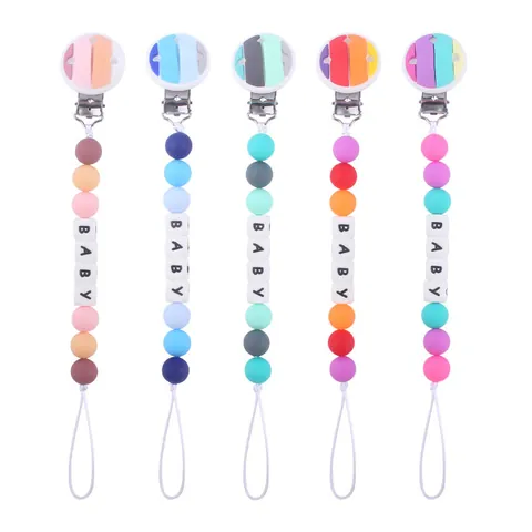 Silikon Baby Schnullerkette Mit BABY Buchstaben Perlen Regenbogen Beißring Schnullerhalter Anti Drop Kette Für Säuglinge Kleinkinder