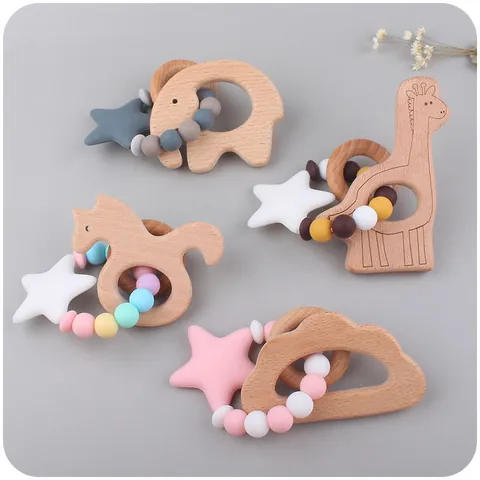 Chupetero Y Mordedor De Silicona Y Madera De Haya Para Bebé Dibujos Animados Elefante Unicornio Jirafa Nube Accesorio De Lactancia
