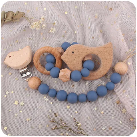Beech Wood Silicone Baby Pacifier Clip And Teether Set Cartoon Animal Star Bird Cloud Dinosaur Cat Infant Soothing Toy