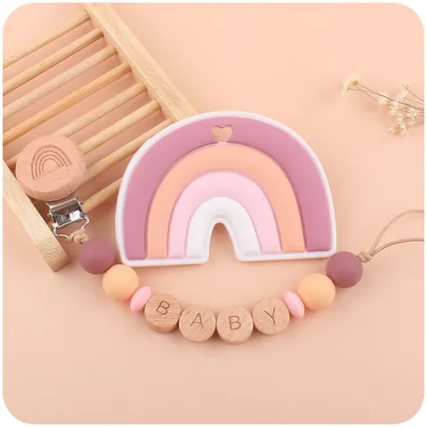 Baby Silicone Rainbow Teether And Pacifier Clip Chain Set Food Grade Silicone Beech Wood Letter Beads Soothing Toy For Infants Babies