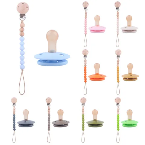 Baby Pacifier Chain Set Food Grade Silicone Beads Beech Wood Clip Soothing Pacifier Anti-Fall Leash Infant Newborn Teether Toy Accessory Set