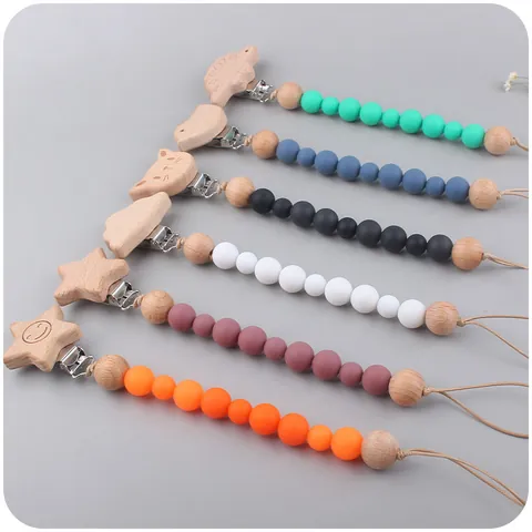 Beech Wood Silicone Baby Pacifier Clip And Teether Set Cartoon Animal Star Bird Cloud Dinosaur Cat Infant Soothing Toy