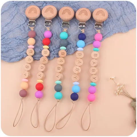 Baby Silicone Rainbow Teether And Pacifier Clip Chain Set Food Grade Silicone Beech Wood Letter Beads Soothing Toy For Infants Babies