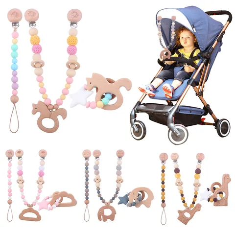Cartoon Animal Baby Teether Silicone Beech Wood Pacifier Clip And Teether And Stroller Hanging Toy For Infants Newborn
