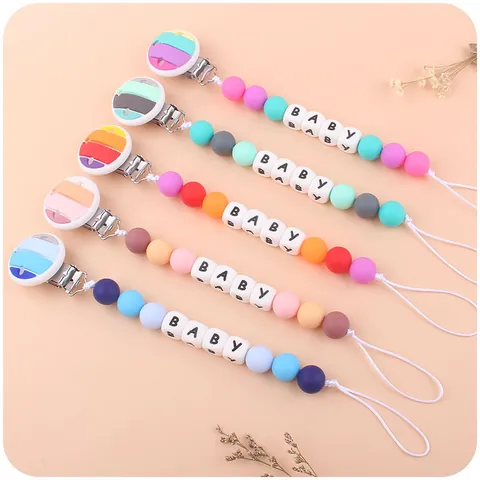 Silikon Baby Schnullerkette Mit BABY Buchstaben Perlen Regenbogen Beißring Schnullerhalter Anti Drop Kette Für Säuglinge Kleinkinder