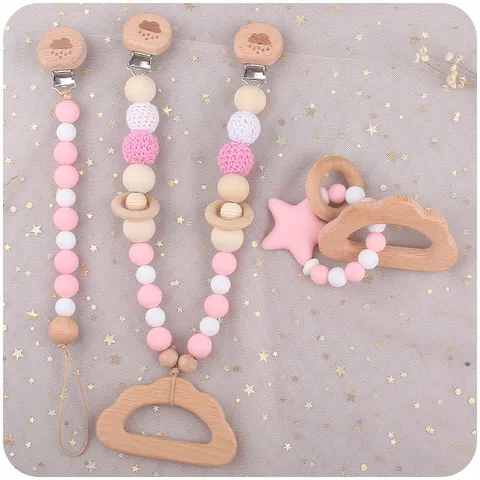 Cartoon Animal Baby Teether Silicone Beech Wood Pacifier Clip And Teether And Stroller Hanging Toy For Infants Newborn