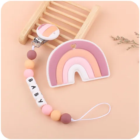 Cartoon Rainbow Baby Pacifier Clip Silicone Teether Toy For Infant Newborn Molar Stick Safety Chain Daily Use