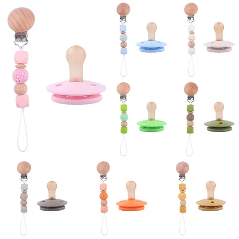 Baby Silicone Pacifier Clip Chain Beech Wood Beads Manual Weaving Soothing Nipple Holder Newborn Toddler Collection