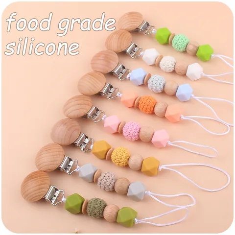 Baby Silicone Pacifier Clip Chain Beech Wood Beads Manual Weaving Soothing Nipple Holder Newborn Toddler Collection