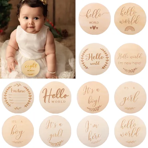 Newborn Baby Monthly Milestone Wooden Discs Natural Wood Birth Announcement Photography Props Engraved Growth Record Nursery Decor