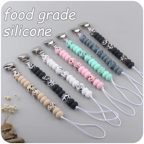 Silicone Bead Baby Pacifier Clip Leopard Print Terrazzo Pattern Anti-Drop Soothing Pacifier Chain For Infants Teether Holder