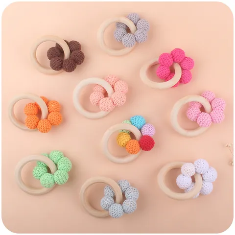 Natural Wood Baby Teether Bracelet Handmade Cotton Crochet Yarn Ball Flower Teething Toy For Infants Grasping Sensory Training
