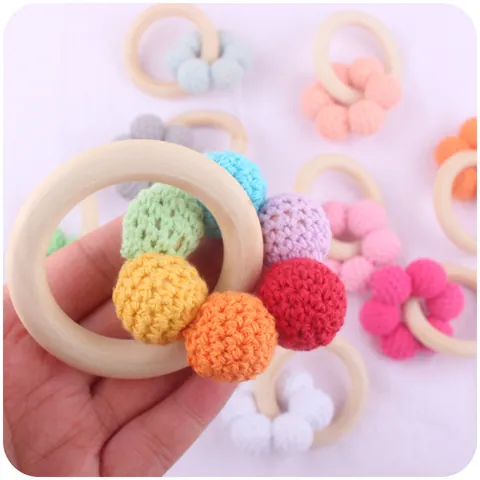 Natural Wood Baby Teether Bracelet Handmade Cotton Crochet Yarn Ball Flower Teething Toy For Infants Grasping Sensory Training