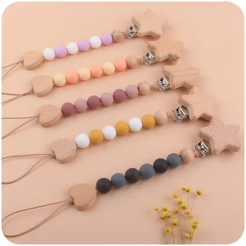 Beech Wood Silicone Baby Pacifier Chain Clip Star Heart Shape Teething Beads Holder For Toddler Soothing Nursing Strap