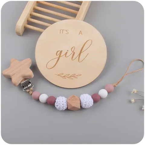 Beech Wood Silicone Baby Pacifier Clip And Milestone Card Set With Star Clip Handmade Crochet Beads For Infants Newborn Photography Props