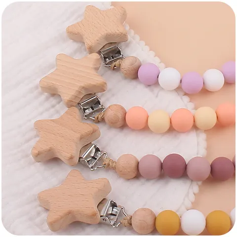 Beech Wood Silicone Baby Pacifier Chain Clip Star Heart Shape Teething Beads Holder For Toddler Soothing Nursing Strap