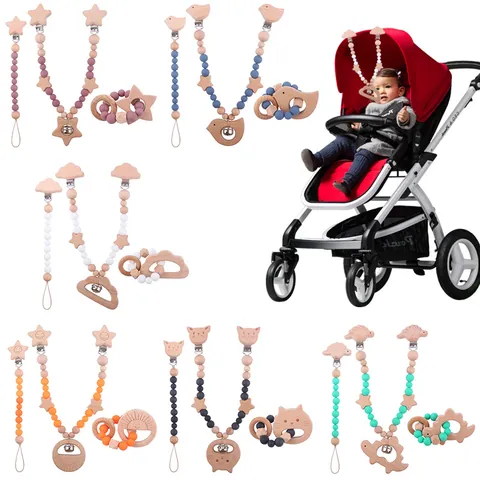 Baby Pacifier Clip Set Beech Wood Silicone Beads Teether Stroller Hanging Soothing Toy Set Cartoon Animal Design For Infants
