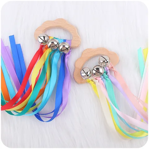 Cartoon Cloud Shape Beech Wooden Baby Teether Toy With Colorful Satin Ribbons And Bells For Sensory Development Newborn