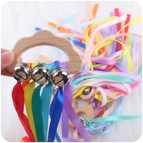 Cartoon Cloud Shape Beech Wooden Baby Teether Toy With Colorful Satin Ribbons And Bells For Sensory Development Newborn